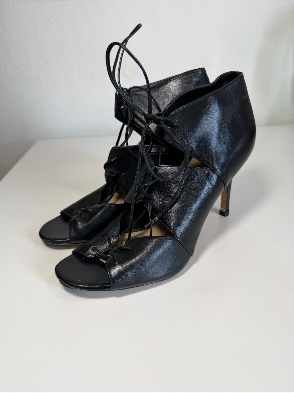 Via Spiga Black Leather Lace Up Cage Heeled Booties Sandal Heels 9